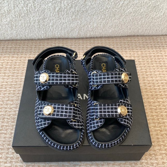 DAD SANDAL IN BLACK MIX WHITE DENIM FABRIC