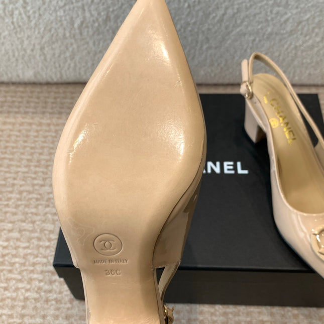 MID-HEEL SLINGBACKS IN BISQUE BEIGE PATENT CALFSKIN