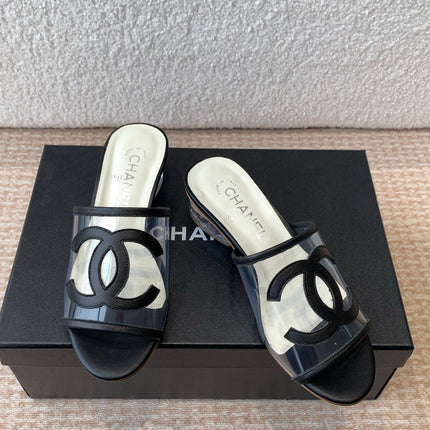 SLIDE SANDALS IN BLACK LAMBSKIN WITH TRANSPARENT PVC