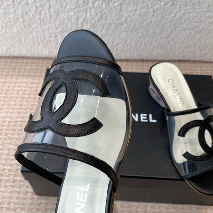 SLIDE SANDALS IN BLACK LAMBSKIN WITH TRANSPARENT PVC