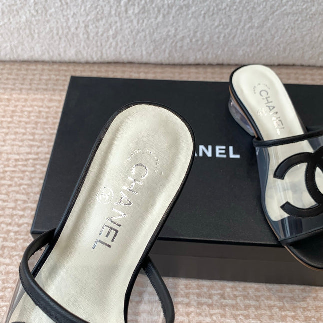 SLIDE SANDALS IN BLACK LAMBSKIN WITH TRANSPARENT PVC