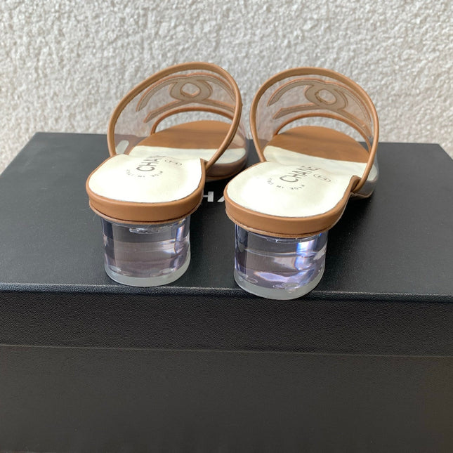 SLIDE SANDALS IN CINNAMON BROWN LAMBSKIN WITH TRANSPARENT PVC