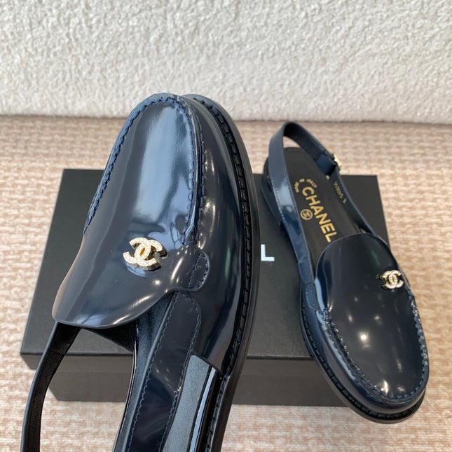 CC MOCCASIN SLINGBACK IN AEGEAN BLUE PATENT CALFSKIN