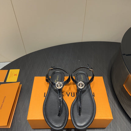 LV THONG SANDALS 25S IN BLACK CALFSKIN WITH GOLD HARDWARE