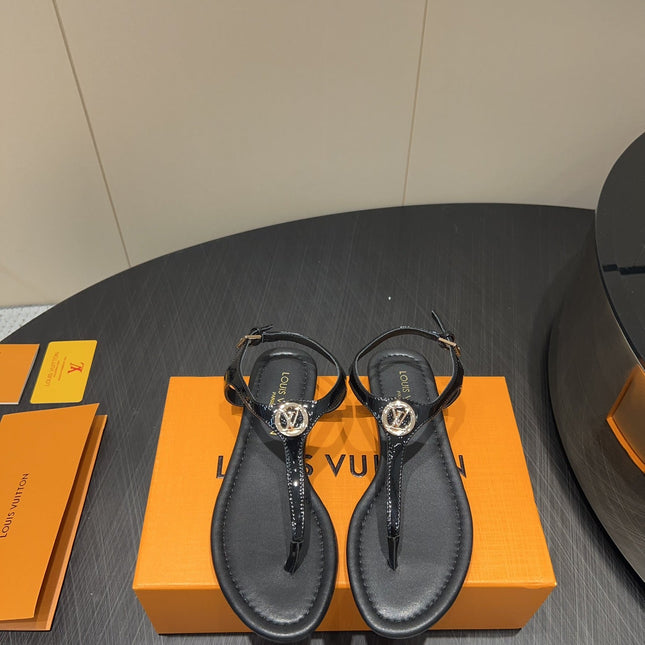 LV THONG SANDALS 25S IN BLACK CALFSKIN WITH GOLD HARDWARE