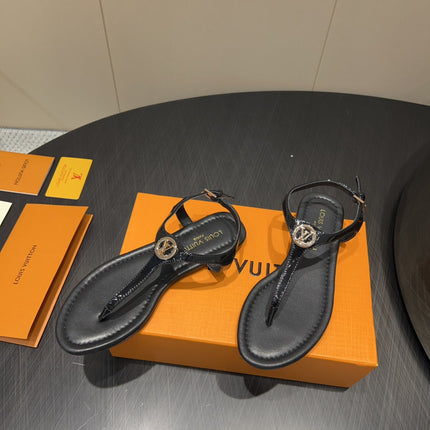 LV THONG SANDALS 25S IN BLACK CALFSKIN WITH GOLD HARDWARE