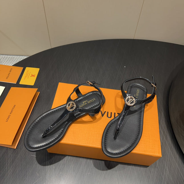 LV THONG SANDALS 25S IN BLACK CALFSKIN WITH GOLD HARDWARE