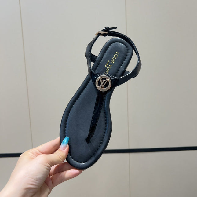 LV THONG SANDALS 25S IN BLACK CALFSKIN WITH GOLD HARDWARE