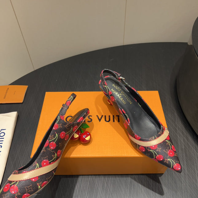 LV HIGH SLINGBACK LOGO AND CHERRY PRINT 25S 55MM IN DARK BROWN CALFSKIN