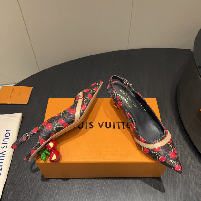 LV HIGH SLINGBACK LOGO AND CHERRY PRINT 25S 55MM IN DARK BROWN CALFSKIN