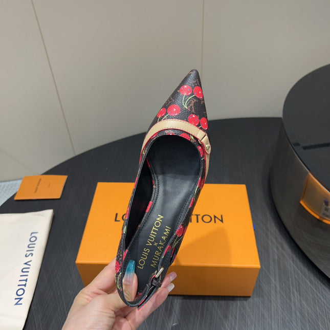 LV HIGH SLINGBACK LOGO AND CHERRY PRINT 25S 55MM IN DARK BROWN CALFSKIN