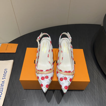 LV HIGH SLINGBACK LOGO AND CHERRY PRINT 25S 55 MM IN WHITE CALFSKIN