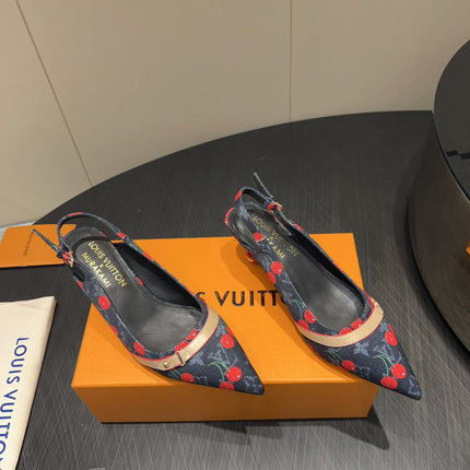 LV HIGH SLINGBACK LOGO AND CHERRY PRINT 25S 55MM IN CHARCOAL BLACK DENIM