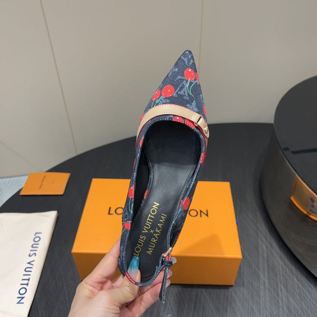 LV HIGH SLINGBACK LOGO AND CHERRY PRINT 25S 55MM IN CHARCOAL BLACK DENIM