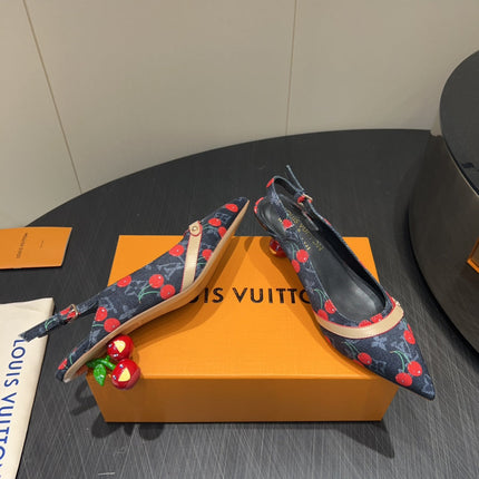 LV HIGH SLINGBACK LOGO AND CHERRY PRINT 25S 55MM IN CHARCOAL BLACK DENIM