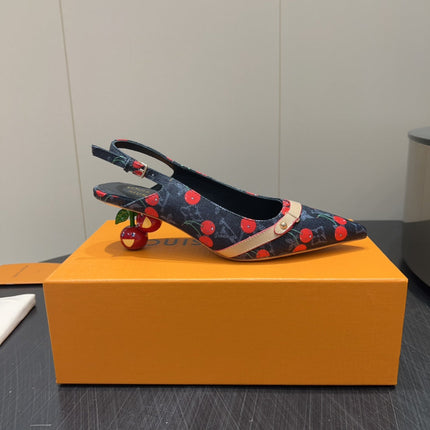 LV HIGH SLINGBACK LOGO AND CHERRY PRINT 25S 55MM IN CHARCOAL BLACK DENIM