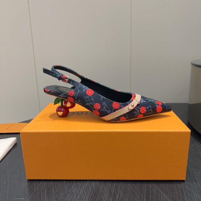 LV HIGH SLINGBACK LOGO AND CHERRY PRINT 25S 55MM IN CHARCOAL BLACK DENIM