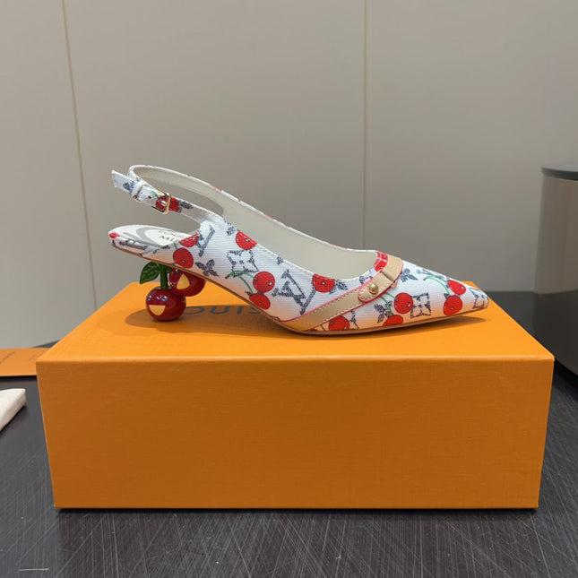 LV HIGH SLINGBACK LOGO AND CHERRY PRINT 25S 55MM IN WHITE DENIM