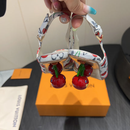 LV HIGH SLINGBACK LOGO AND CHERRY PRINT 25S 55MM IN WHITE DENIM