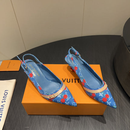 LV HIGH SLINGBACK LOGO AND CHERRY PRINT 25S 55MM IN BLUE DENIM