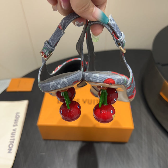 LV HIGH SLINGBACK LOGO AND CHERRY PRINT 25S 55MM IN GREY DENIM