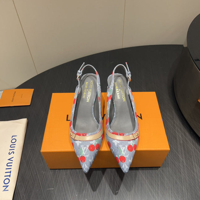 LV HIGH SLINGBACK LOGO AND CHERRY PRINT 25S 55MM IN GREY DENIM