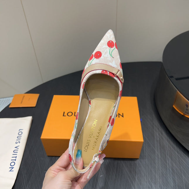 LV HIGH SLINGBACK LOGO AND CHERRY PRINT 25S 55MM IN BLUSH NUDE DENIM