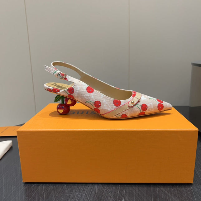 LV HIGH SLINGBACK LOGO AND CHERRY PRINT 25S 55MM IN BLUSH NUDE DENIM