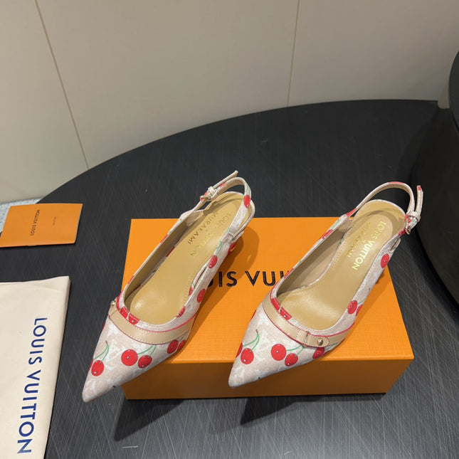 LV HIGH SLINGBACK LOGO AND CHERRY PRINT 25S 55MM IN BLUSH NUDE DENIM