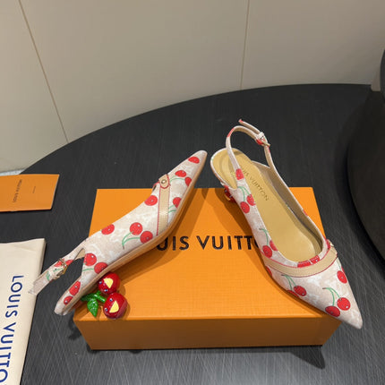 LV HIGH SLINGBACK LOGO AND CHERRY PRINT 25S 55MM IN BLUSH NUDE DENIM