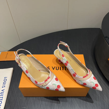 LV HIGH SLINGBACK LOGO AND CHERRY PRINT 25S 55MM IN BLUSH NUDE DENIM