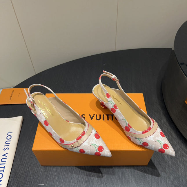 LV HIGH SLINGBACK LOGO AND CHERRY PRINT 25S 55MM IN BLUSH NUDE DENIM
