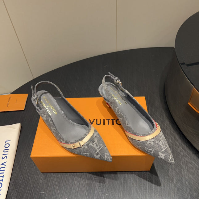 LV HIGH SLINGBACK LOGO PRINT 25S 55MM IN GREY DENIM