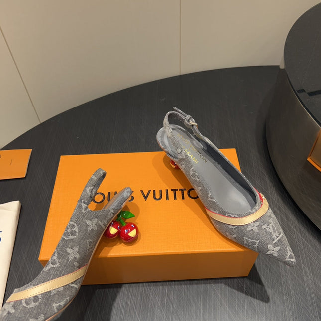 LV HIGH SLINGBACK LOGO PRINT 25S 55MM IN GREY DENIM