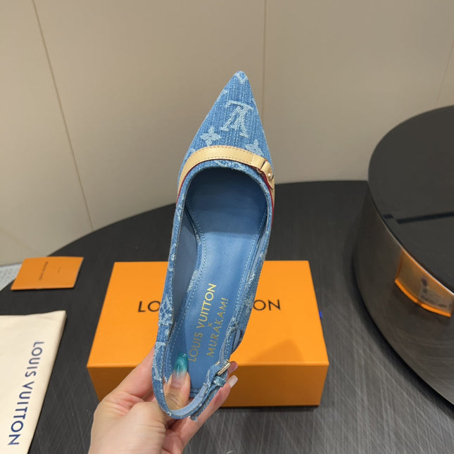 LV HIGH SLINGBACK LOGO PRINT 25S 55MM IN BLUE DENIM