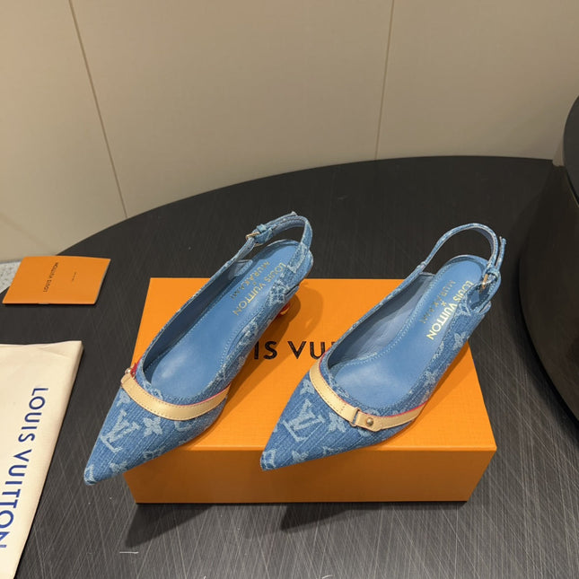 LV HIGH SLINGBACK LOGO PRINT 25S 55MM IN BLUE DENIM