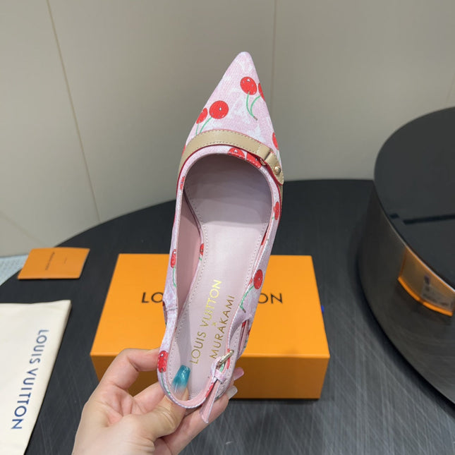 LV HIGH SLINGBACK LOGO AND CHERRY PRINT 25S 55MM IN LIGHT PINK DENIM