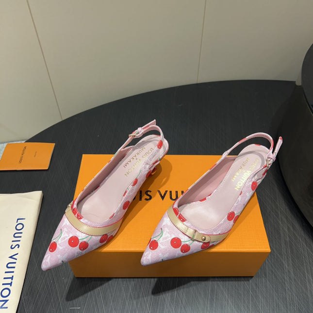 LV HIGH SLINGBACK LOGO AND CHERRY PRINT 25S 55MM IN LIGHT PINK DENIM