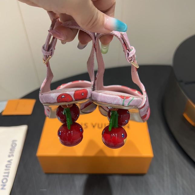 LV HIGH SLINGBACK LOGO AND CHERRY PRINT 25S 55MM IN LIGHT PINK DENIM