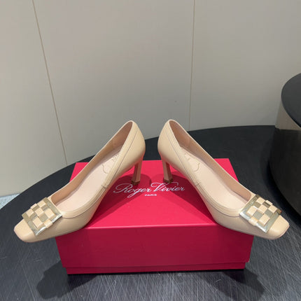 ROGER VIVIER 25S TROMPETTE SQUARE TOE HIGH HEELS 70MM IN NUDE SHINY CALFSKIN