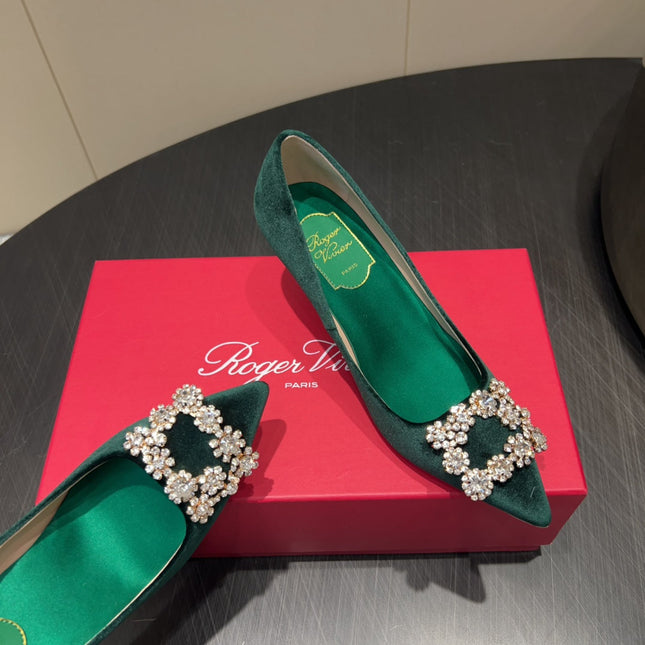 ROGER VIVIER 25S POINTED TOE HIGH HEELS 70MM IN TEAL GREEN VELVET EMBELLISHED CRYSTALS
