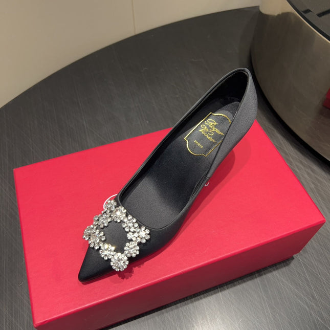 ROGER VIVIER 25S POINTED TOE HIGH HEELS 70MM IN BLACK SILK EMBELLISHED CRYSTALS