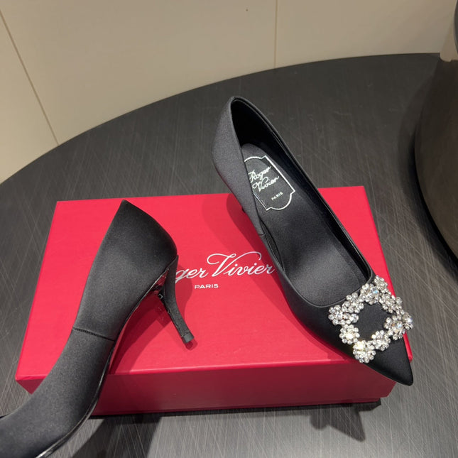 ROGER VIVIER 25S POINTED TOE HIGH HEELS 70MM IN BLACK SILK EMBELLISHED CRYSTALS