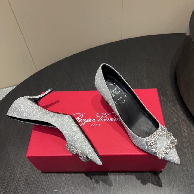 ROGER VIVIER 25S POINTED TOE HIGH HEELS 70MM IN BLING SILVER EMBELLISHED CRYSTALS