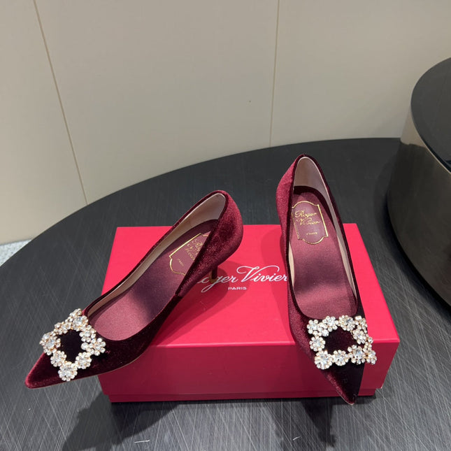 ROGER VIVIER 25S POINTED TOE HIGH HEELS 70MM IN WINE RED VELVET EMBELLISHED CRYSTALS