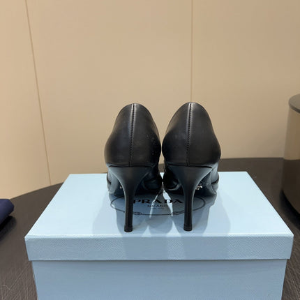 PRADA 25S POINTED TOE HIGH HEELS 85MM IN BLACK LAMBSKIN WITH TIE UP DESIGN