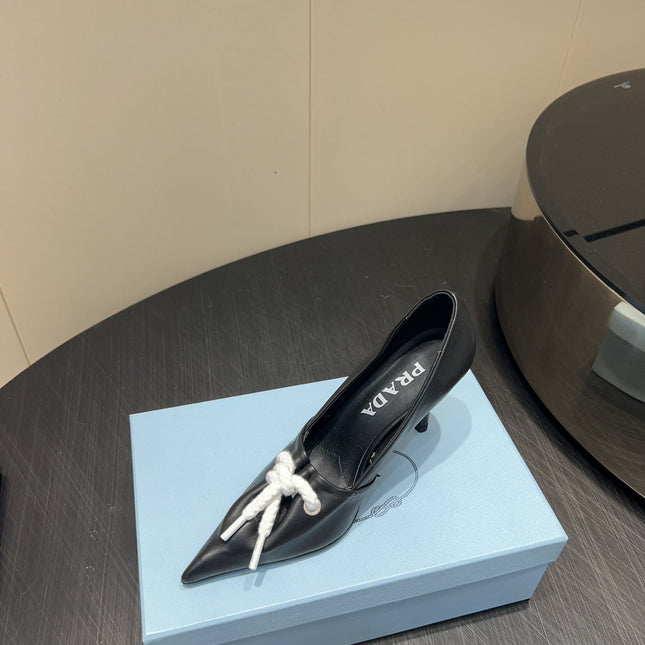 PRADA 25S POINTED TOE HIGH HEELS 85MM IN BLACK LAMBSKIN WITH TIE UP DESIGN