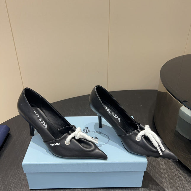 PRADA 25S POINTED TOE HIGH HEELS 85MM IN BLACK LAMBSKIN WITH TIE UP DESIGN