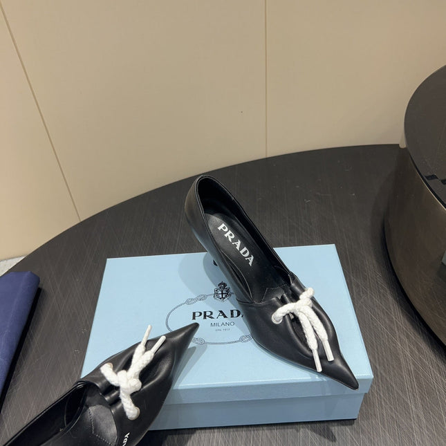 PRADA 25S POINTED TOE HIGH HEELS 85MM IN BLACK LAMBSKIN WITH TIE UP DESIGN