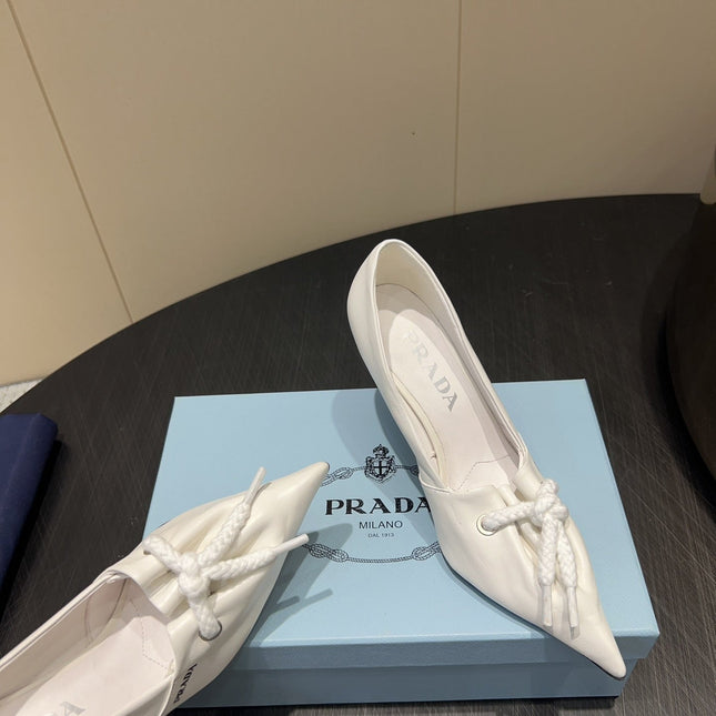 PRADA 25S POINTED TOE HIGH HEELS 85MM IN IVORY LAMBSKIN WITH TIE UP DESIGN